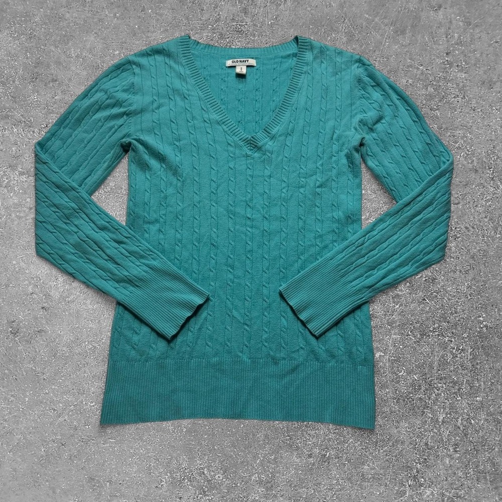 Old Navy Womens Teal Cable Knit V-Neck Sweater Tall Size M Blue Green Pullover
